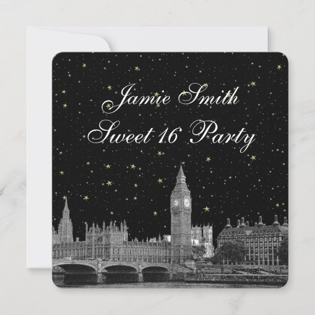 London UK Skyline Etched Starry DIY BG Sweet 16 Inbjudningar (Framsida)