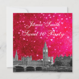 London UK Skyline Shock rosa Red Heart Sweet 16 Inbjudningar