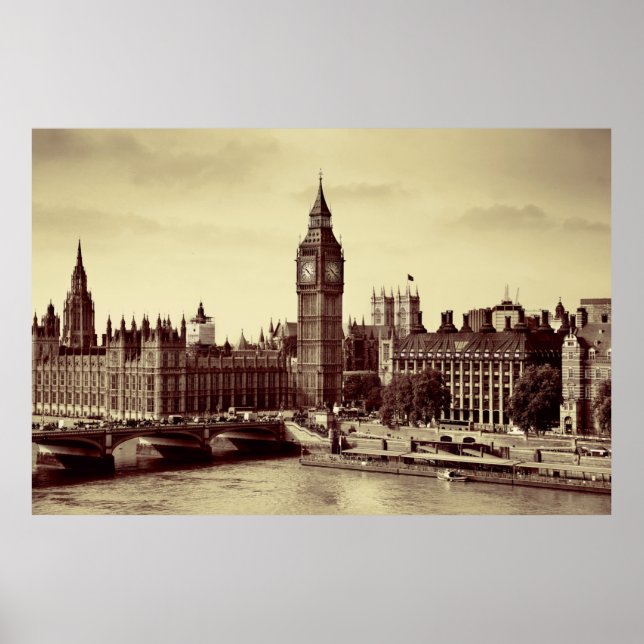 London Westminster med Big Ben och bro. Poster (Framsidan)
