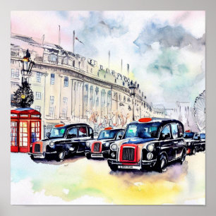 Londons Iconic Black Taxi Cabs, (E) Poster