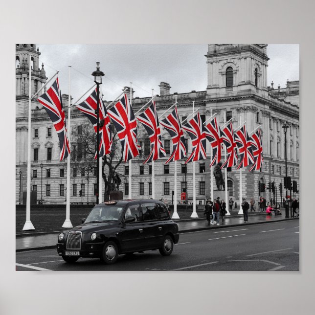 Londonvy Storbritannien Grå & Röd Poster (Framsidan)