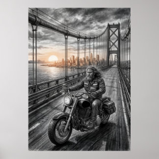 Lone Biker Crosses Suspension Bridge City Skyline Poster