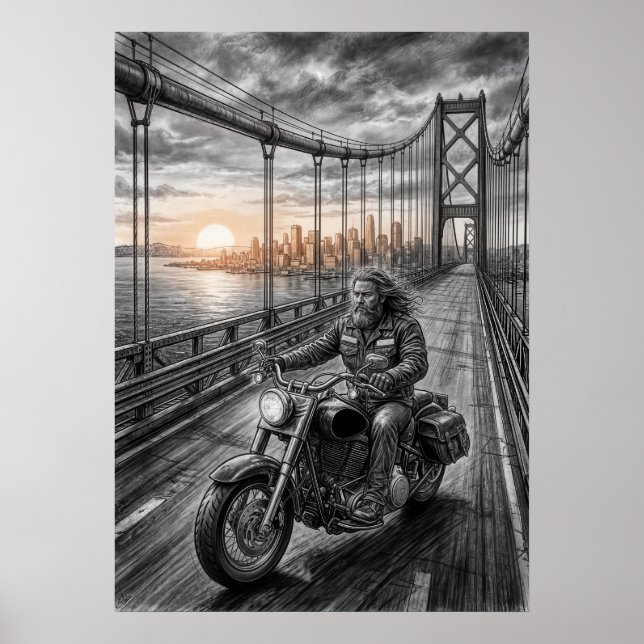  Lone Biker Crosses Suspension Bridge City Skyline Poster (Framsidan)