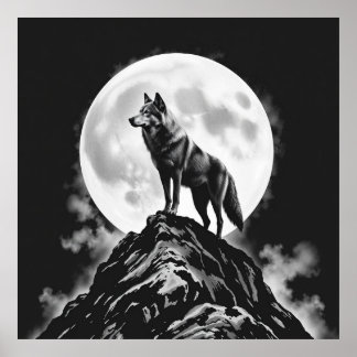 Lone Howl: Varg och Full Moon Charcol Art Poster