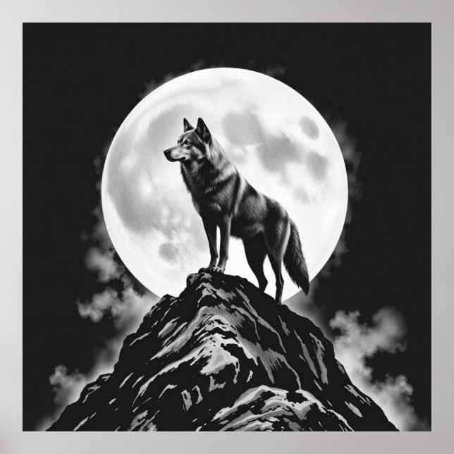 Lone Howl: Varg och Full Moon Charcol Art Poster (Framsidan)