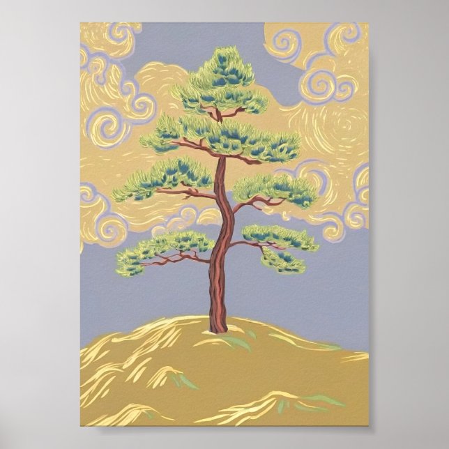 Lone Pine Tree on Foggy Hillside Art Poster  (Framsidan)