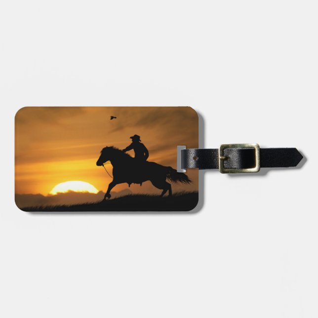 Lone Riding Cowboy i Sunset Luggage Tag Bagagebricka (Horisontell Framsida)
