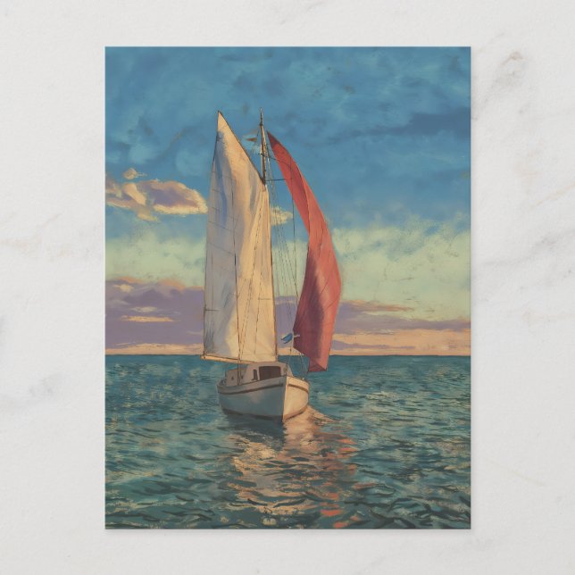 Lone Sailboat - Impressionism Style Seascape Art Vykort (Framsida)