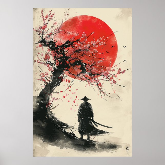 Lone Samurai – Röd sol Japansk bläckkonst Poster (Framsidan)