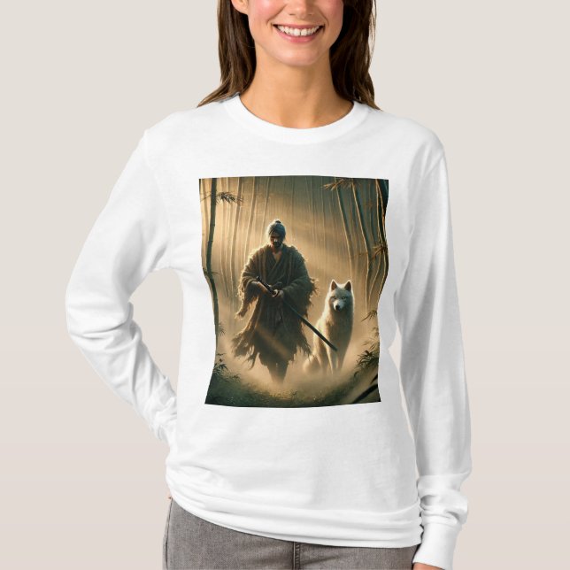 Lone Samurai & White Varg ⚔️ 🐺 - Epic Fantasy T-S T Shirt (Framsida)