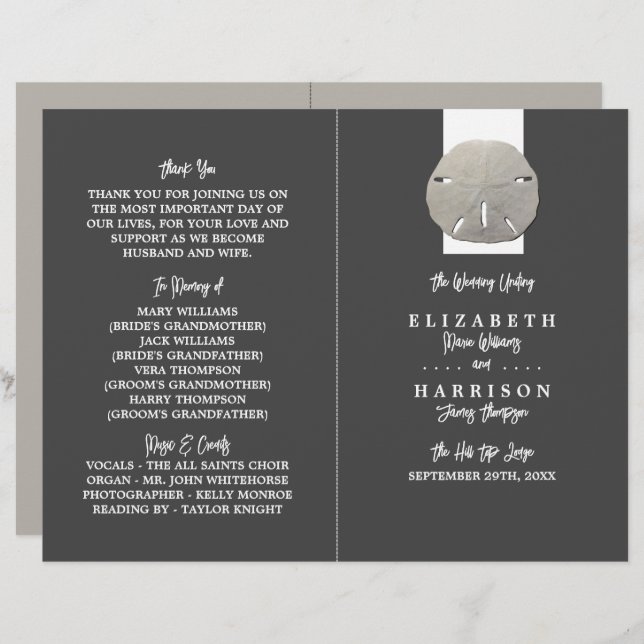 Lone Sand Dollar, Grått, kol, Bröllopsprogram (Fram/baksida)