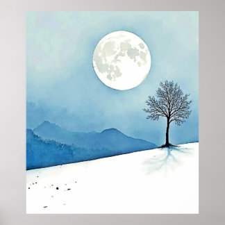 Lone Tree: Serene Full Moon Silence Art Poster