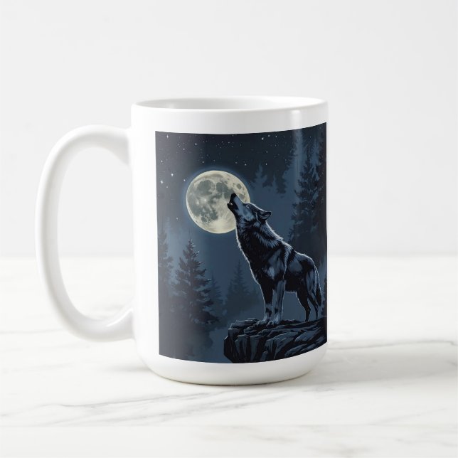 Lone Wolf Howling at the Moon Night Forest Art Kaffemugg (Vänster)