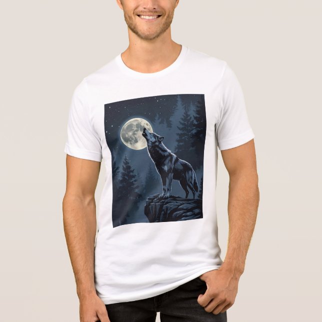 Lone Wolf Howling at the Moon Night Forest Art T Shirt (Framsida)