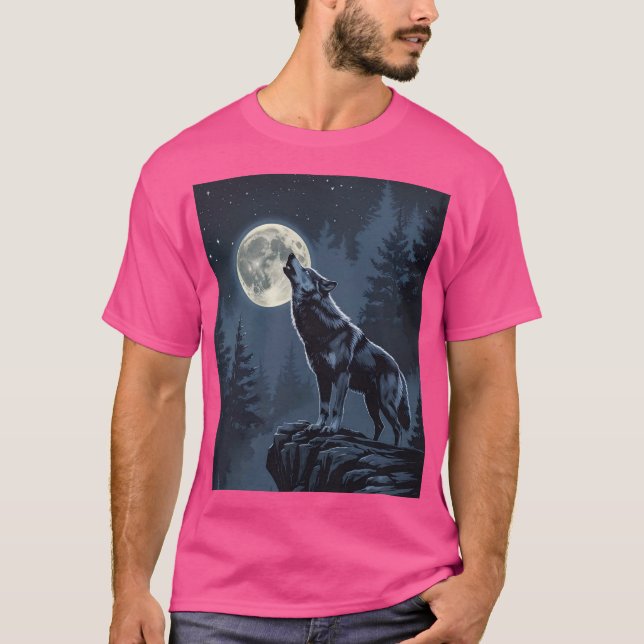 Lone Wolf Howling at the Moon Night Forest Art T Shirt (Framsida)