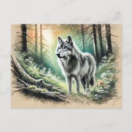 Lone Wolf in Forest with Sunshine Vykort