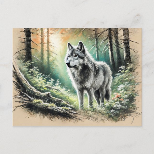 Lone Wolf in Forest with Sunshine Vykort (Framsida)