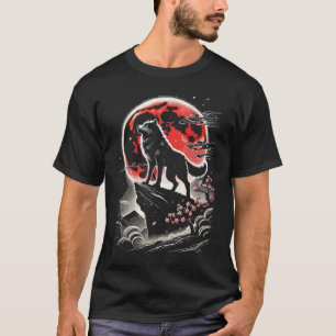 Lone Wolf In Red Moon - Japansk Anime Tattoo-konst T Shirt