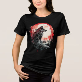 Lone Wolf Under Moon – Red Forest Art T Shirt