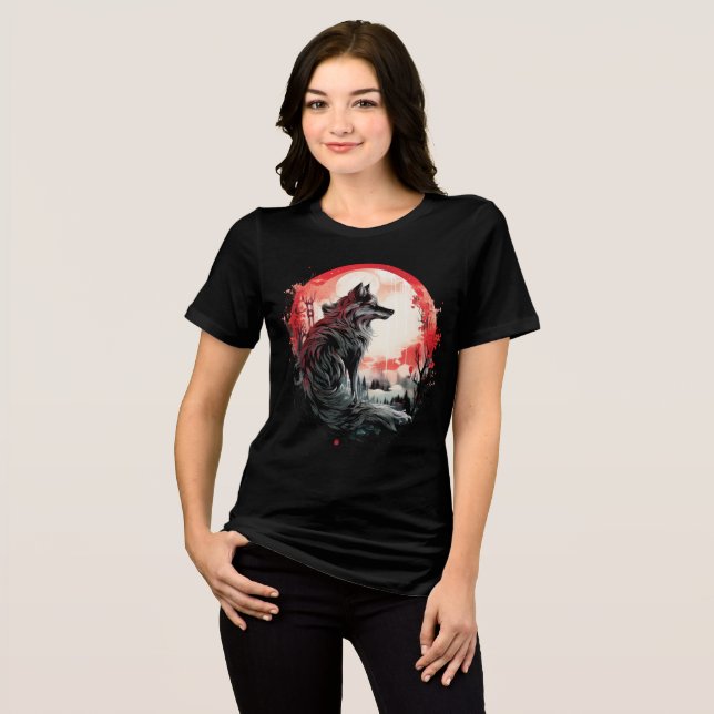 Lone Wolf Under Moon – Red Forest Art T Shirt (Framsida Full)