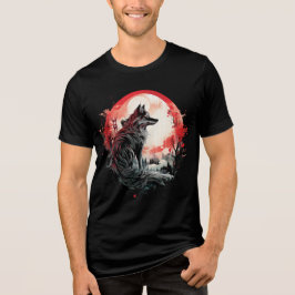 Lone Wolf Under Moon – Red Forest Art T Shirt