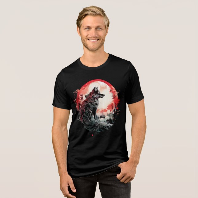 Lone Wolf Under Moon – Red Forest Art T Shirt (Framsida Full)