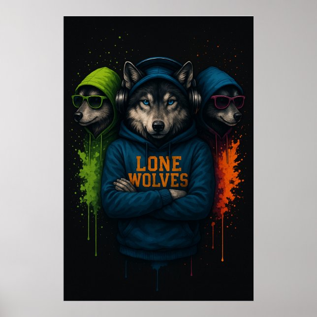 Lone Wolves Hoodie Trio –Cool Wolf Pack Street Art Poster (Framsidan)