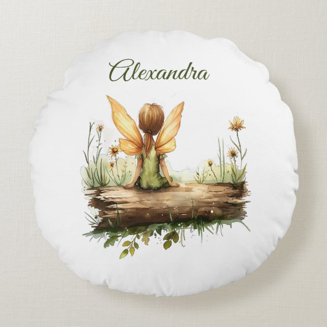 Lonely Fairy Sitta på en logg Rund Kudde (Framsidan)