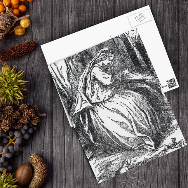 Lonely Forlorn Princess With Frog in Forest Vykort (Black White drawing of sad princess with frog in woods on postcard.)