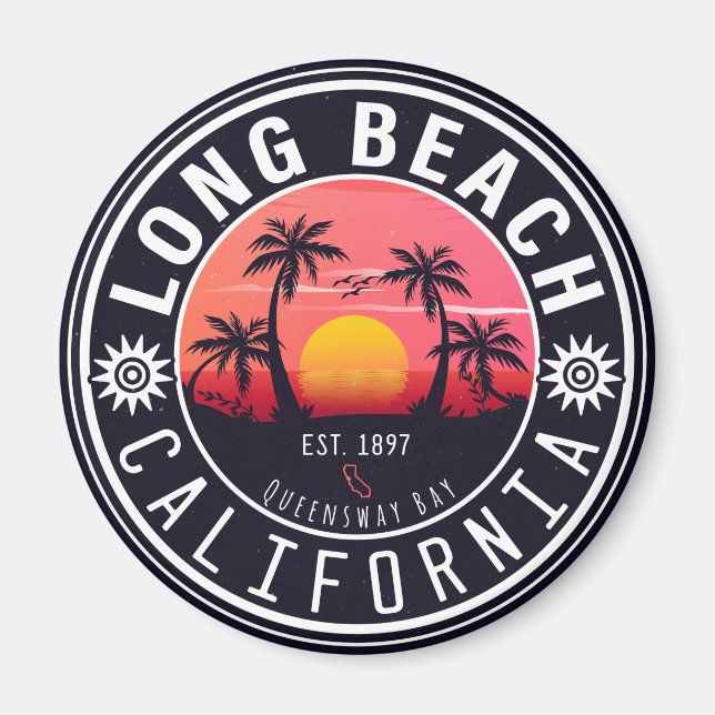 Long Beach Ca Handflatan Träd Retro Sunset Souveni Magnet (Framsidan)