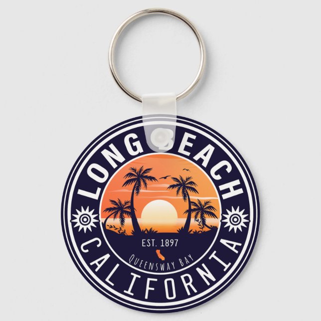 Long Beach Ca Handflatan Träd Retro Sunset Souveni Nyckelring (Framsida)