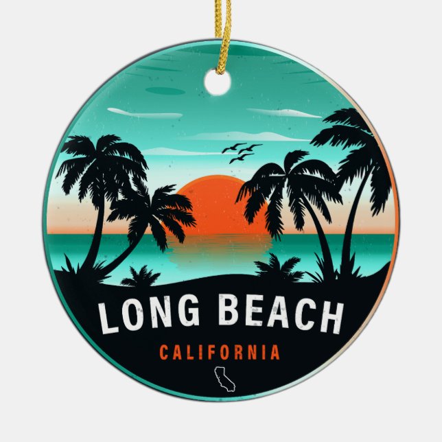 Long Beach California Retro Sunset Souvenirs 80-ta Julgransprydnad Keramik (Framsidan)
