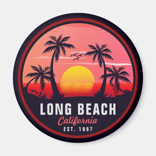 Long Beach California Retro Sunset Souvenirs 80-ta Magnet (Framsidan)