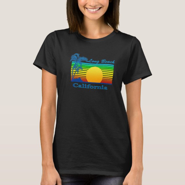 Long Beach California Retro Tropical Beach Sunset T Shirt (Framsida)