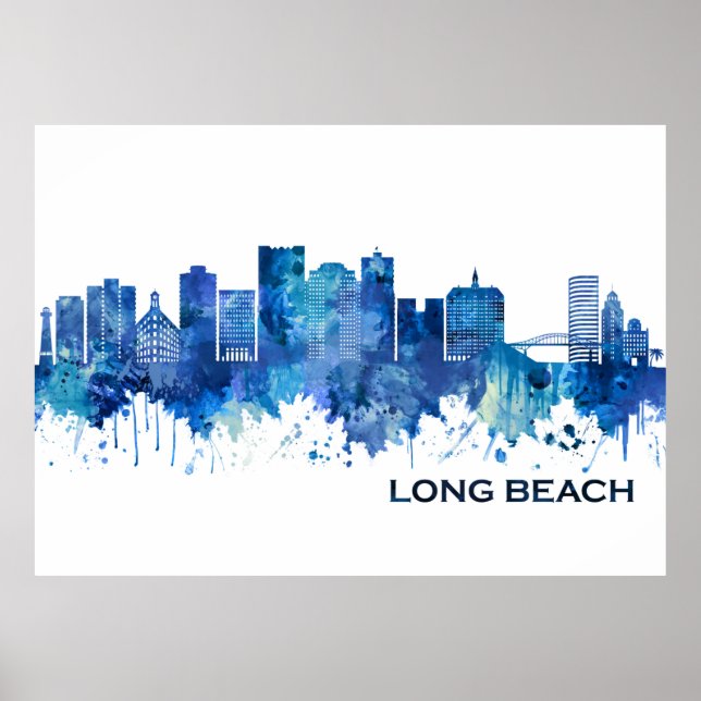 Long Beach California Skyline Blue Poster (Framsidan)