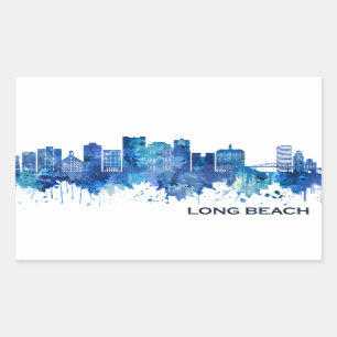 Long Beach California Skyline Blue Rektangulärt Klistermärke