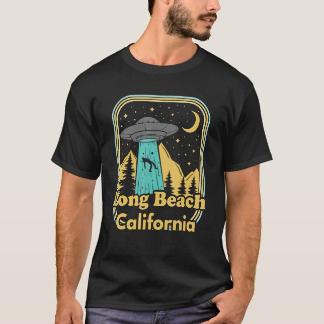Long Beach California Ufo Alien Hunter 80s State P T Shirt (Framsida)