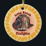 Long Beach Firefighter-ornament Julgransprydnad Keramik<br><div class="desc">Long Beach Firefighter-prydnadsföremål, t-shirts med brandkårer, brandkårer, gåvor av ArtMuvz Illustration. Du kan lägga till ditt namn eller lägga till text i stället. Anpassa den här långa brandsläckaren för att göra den unik för dig eller till ge som personlig. Den feta designen har en brandmanshjälm, en symbol för brandtjänsten. Det...</div>