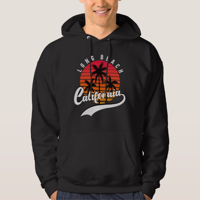 Long Beach Retro Sunset Black Hoodie (Framsida)