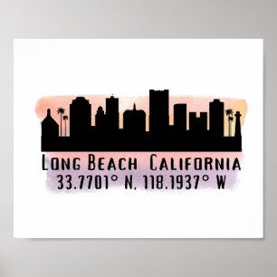 Long Beach Skyline Latitud och Longitud Poster