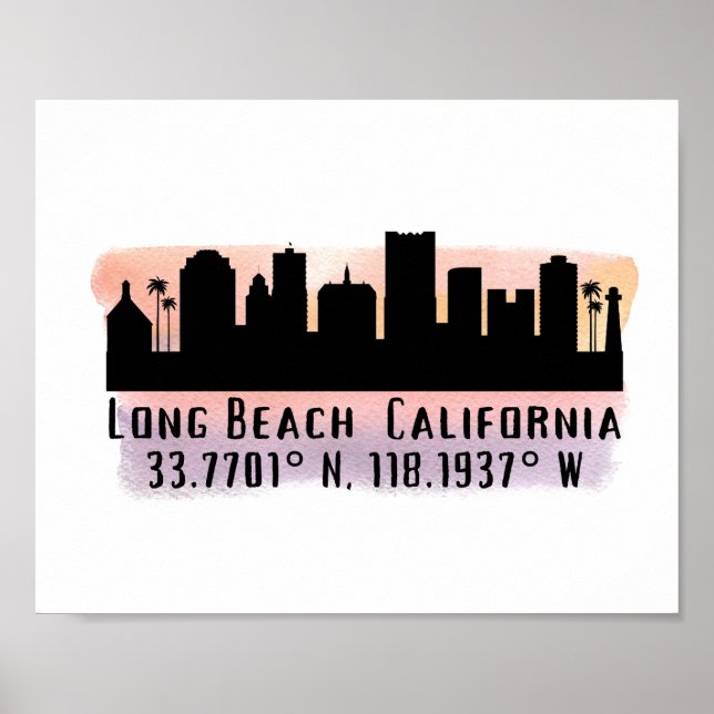 Long Beach Skyline Latitud och Longitud   Poster (Framsidan)