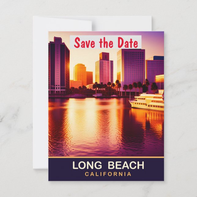 Long Beach Skyline Solnedgång bröllopsinbjudan Spara Datumet (Framsida)