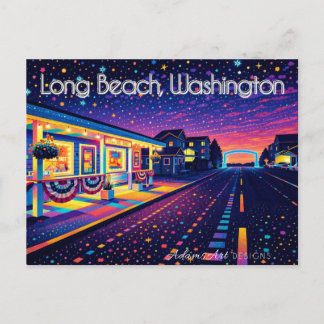 Long Beach Washington Neon Nattlig Gatu Scen Helg Vykort