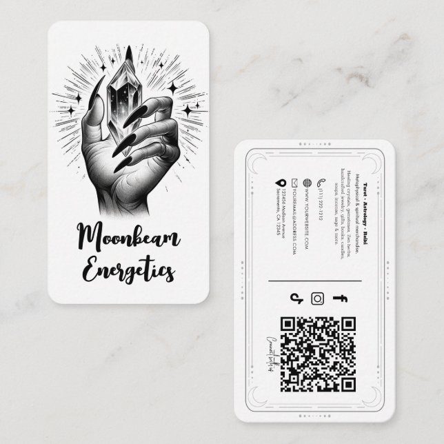 Long Black Nagel & Crystal Energy Social Media QR Visitkort (Fram/baksida)