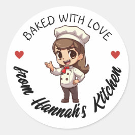 Long Brown Hair Baker Kawaii Baked med Kärlek Runt Klistermärke