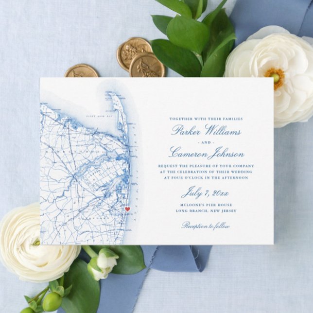 Long Gren New jersey Elegant bröllop Inbjudningar (Elegant Long Branch New Jersey Wedding Invitation with Navy Blue map by Coastal Map Designs)