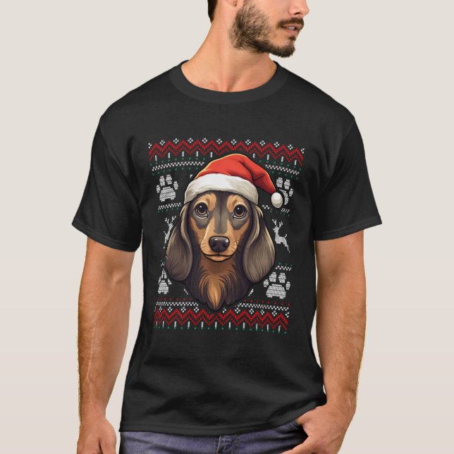 Long-hågad Dachshund Santa Hat-julfonen Do T Shirt (Framsida)