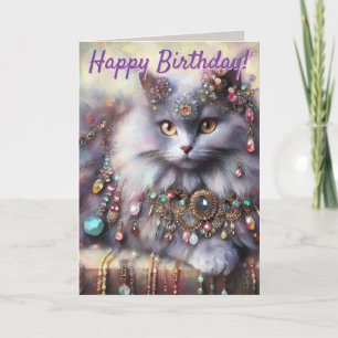 Long Hair Cat Jewels Personlig Birthday Card Kort