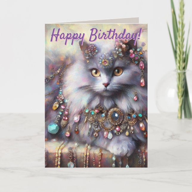 Long Hair Cat Jewels Personlig Birthday Card Kort (Framsida)