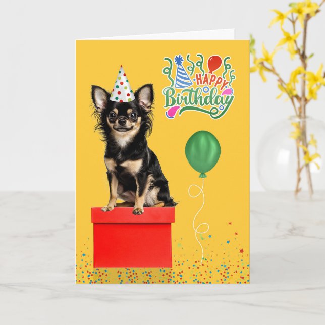 Long Hair Chihuahua Dog Party Hat Yellow Birthday Kort (Gul blomma)